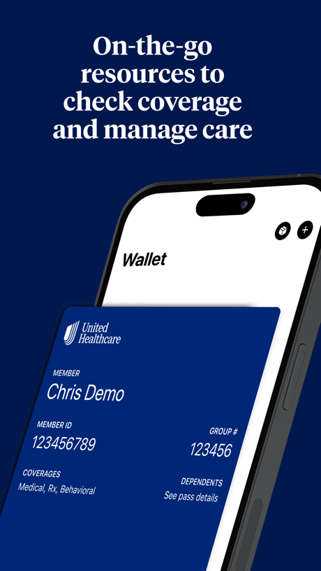 UnitedHealthcare App Store screenshot 3, headline “On-the-go resources to check coverage and manage care”. Headline over eight words.