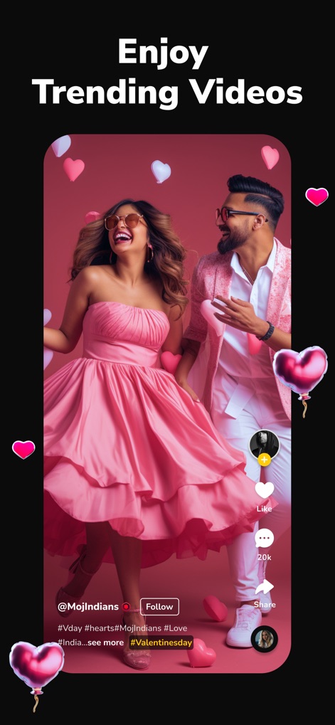 Moj: Video Live & Short Videos - Les utilisateurs peuvent explorer un flux infini de vidéos courtes populaires, marquer leur appréciation avec le bouton 'Like' et les partager facilement avec leurs contacts.