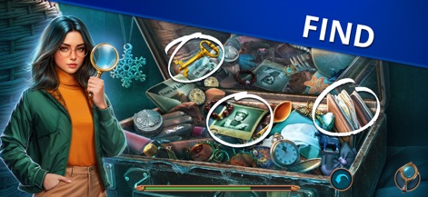 Mystery Files: Hidden Objects - Engage in classic hidden object gameplay, where users meticulously search for items like a vintage key and a framed photograph within richly detailed scenes.