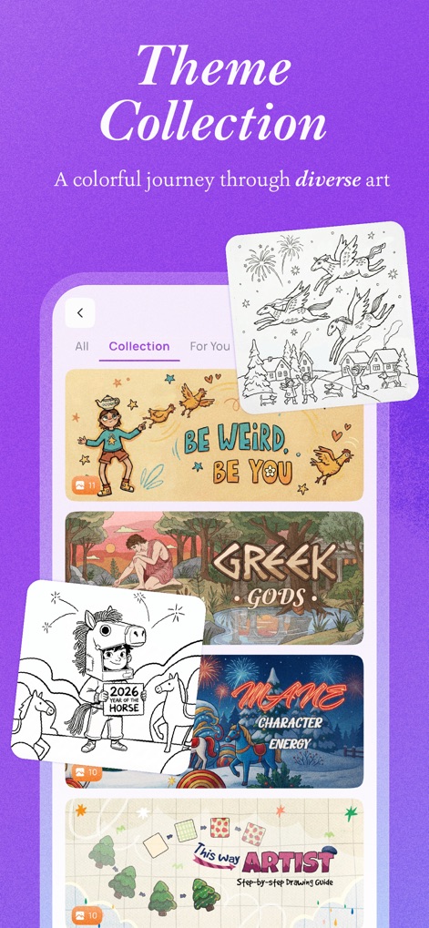 Artsy Artasy - Adult Coloring - Os usuários podem mergulhar em coleções temáticas diversas, desde ilustrações inspiradoras como 'BE WEIRD BE YOU' até temas culturais como 'GREEK GODS', proporcionando uma jornada artística contínua.