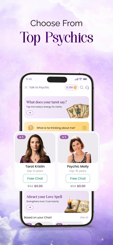 Lumus: Tarot & Psychic Reading - 経験豊富な「Tarot Kristin」や「Psychic Molly」といった多様な専門家の中から、ユーザーは自分に合った占い師を選び、無料チャットのオプションを利用できます。