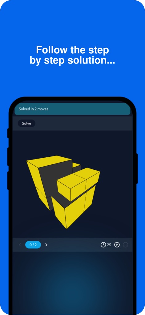 Cube Solver 3D - 解決ステップは3Dアニメーションで表示され、ユーザーは進行状況を示す「0/2」のインジケーターと再生ボタンで詳細な手順を確認できます。
