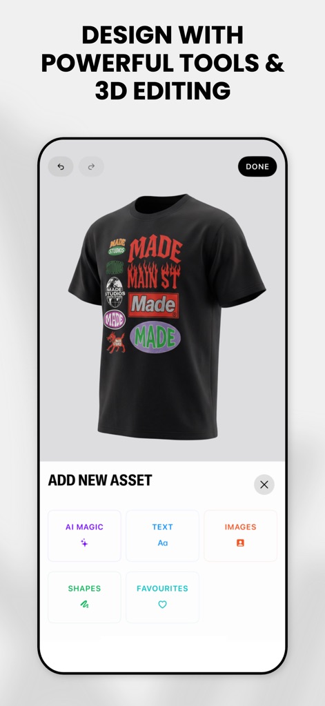 FLYP - Fashion Design Studio - This tool reveals powerful 3D design capabilities, allowing users to visualize custom apparel and utilize advanced features like 'AI Magic' and extensive text options.