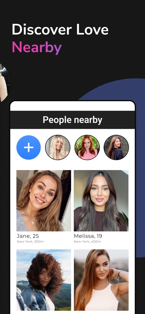Topface: Meet with new people - Users can explore potential connections through proximity-based profiles and clear distance indicators, facilitating local meetups.