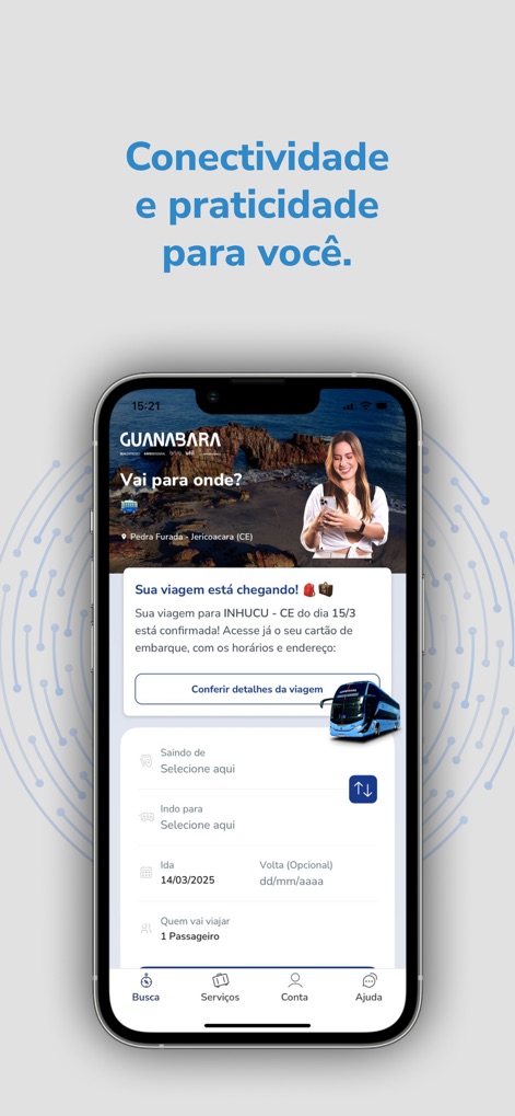 Guanabara: passagens de ônibus - Users benefit from prominent 'Sua viagem está chegando!' notifications and a dedicated 'Conferir detalhes da viagem' button to access essential journey information directly from the home screen.