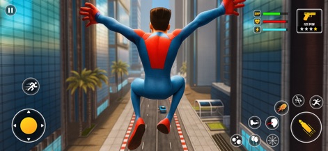 Gangster Boss Mob Wars - Witness the superhero-like character performing aerial maneuvers above city buildings, showcasing the game's fluid vertical exploration and movement.