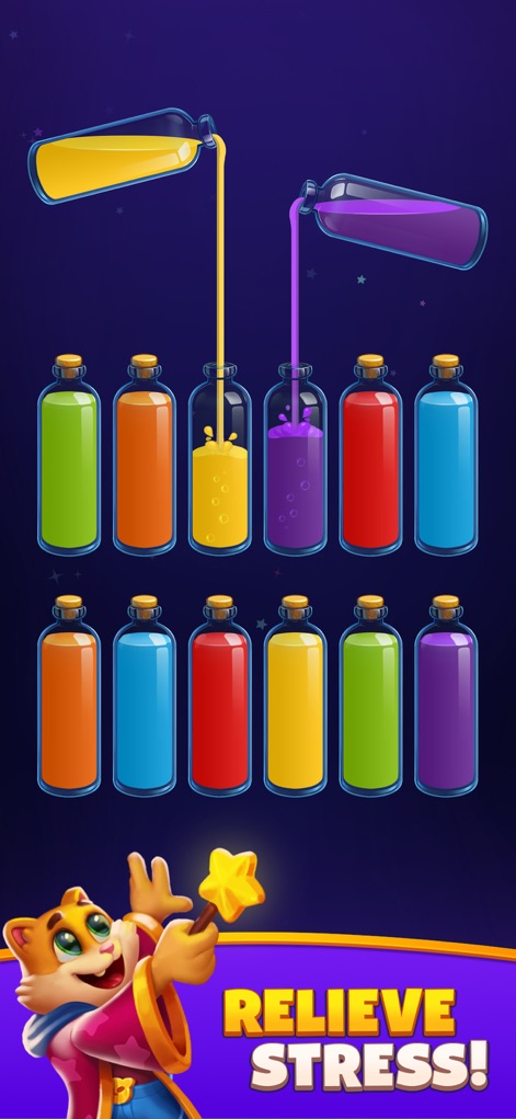 Magic Sort! - Observe the serene multiple pouring actions between bottles and the array of perfectly sorted single-color bottles, enhancing the calming experience with a magic wand.
