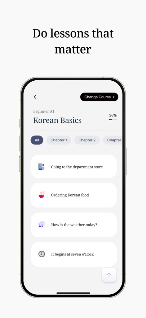 Tenmin - Language Learning - The app provides structured learning paths, evident in the 'Korean Basics' course with chapter-based topics, and allows users to customize their journey with the 'Change Course' button.