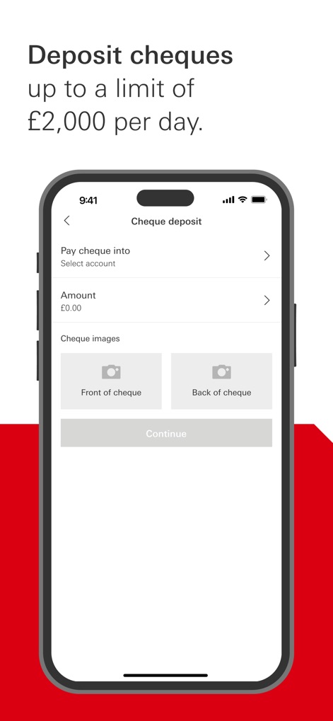 HSBC UK Mobile Banking - The app streamlines cheque deposits, allowing users to 'Select account' for funds and easily capture 'Cheque images' of both front and back.
