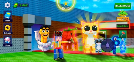 Steal all and Catch Animal - The app showcases a vibrant collection of unique brainrots, including a glowing feline creature and the iconic Skibidi Toilet character, populating a colorful block-based world.