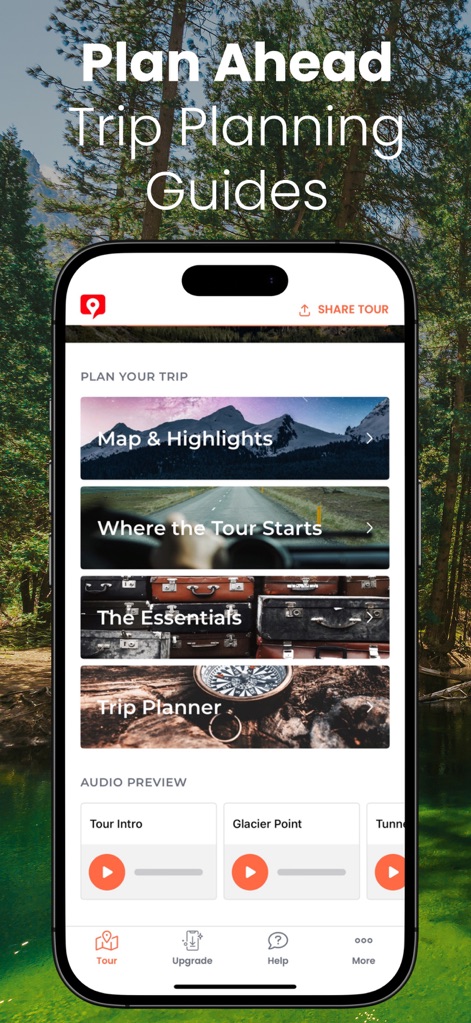 Yosemite GyPSy Guide Tour - L'app offre sezioni dedicate alla "Pianificazione del Viaggio" con guide e la possibilità di ascoltare "Anteprime Audio" dei commenti.