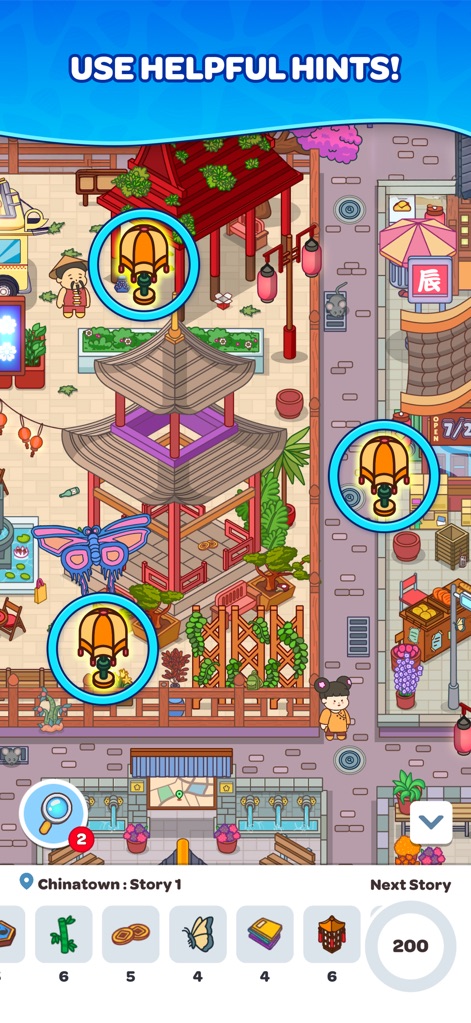 Hidden Tales - Find Objects! - Utilize the app's strategic hint system, marked by the magnifying glass icon, to reveal cleverly hidden objects like these ornate lamps in intricate cultural scenes.