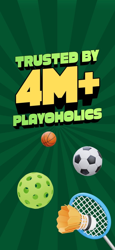 Playo - Sports Community App - 이 앱은 4백만 명 이상의 활동적인 사용자가 신뢰하고 있음을 명확하게 보여주며, 다양한 스포츠 장비 이미지를 통해 폭넓은 종목을 지원함을 강조합니다.