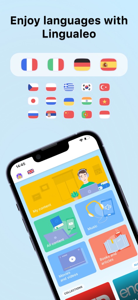 Lingualeo: Language Learning - See how the app presents a variety of language flags for selection and organizes diverse learning content into intuitive tiles like 'Movies and videos' and 'Books and articles'.