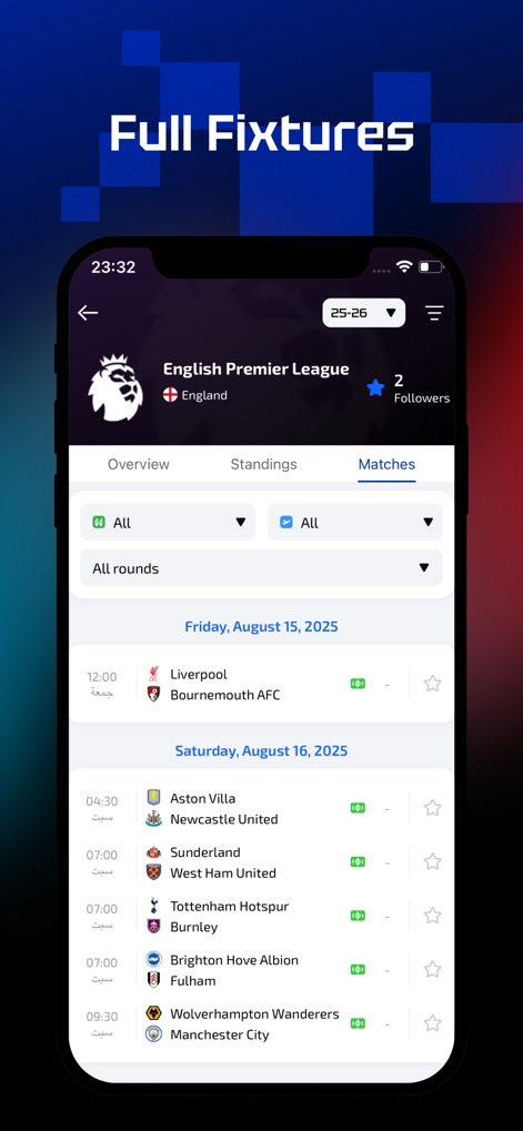 AiScore - Live Sports Scores - 이 앱은 다가오는 모든 경기 일정을 날짜별로 명확하게 보여주며, 사용자가 원하는 라운드를 쉽게 필터링하여 찾아볼 수 있게 합니다.
