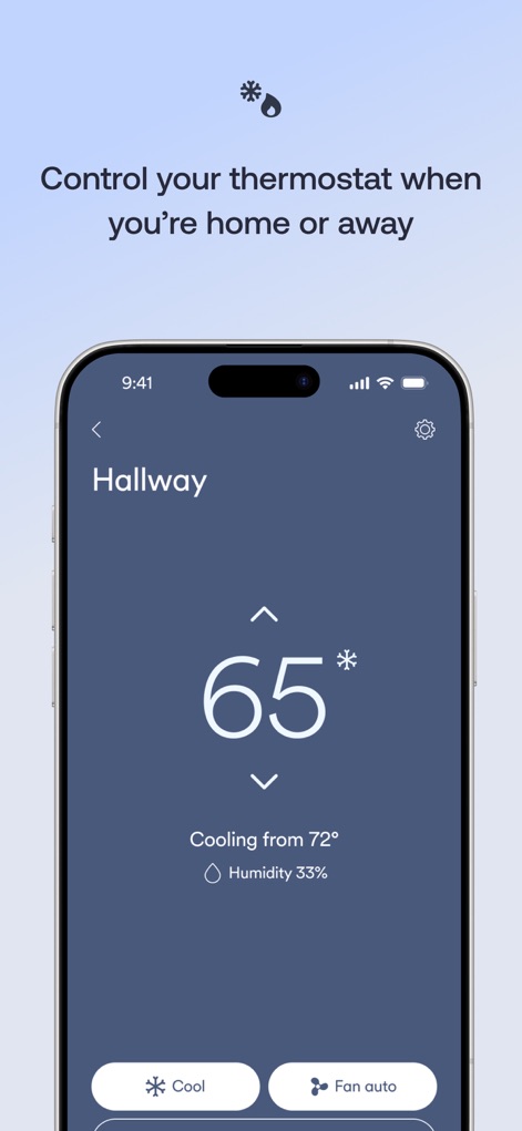 Vivint - Nutzer können die Raumtemperatur auf präzise '65°' einstellen und die aktuelle Luftfeuchtigkeit von '33%' überwachen, um jederzeit für optimalen Komfort zu sorgen.