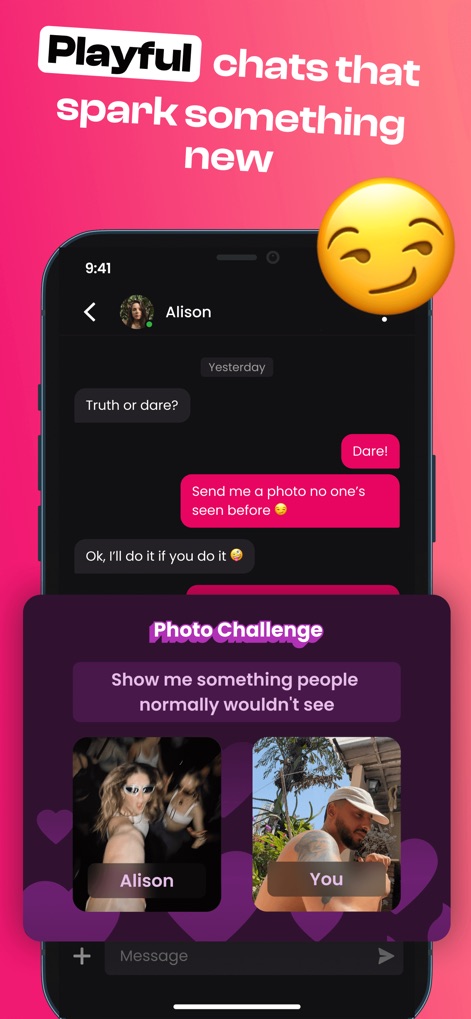 DOWN: The Casual Dating App - O aplicativo promove interações envolventes através de recursos como o "Photo Challenge", que incita os usuários a compartilhar fotos únicas, e diálogos dinâmicos como "Truth or dare?" entre os participantes.