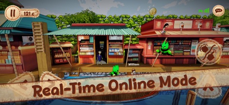 Pepelo 2: Around the World - Experience live online co-op with fellow players and engage with various characters, including a green adversary, across intricately designed water-based levels.