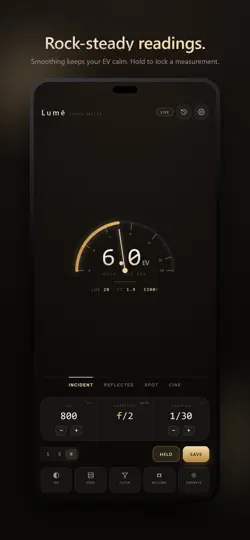Captura de pantalla de Lumē Light Meter en iPhone 4