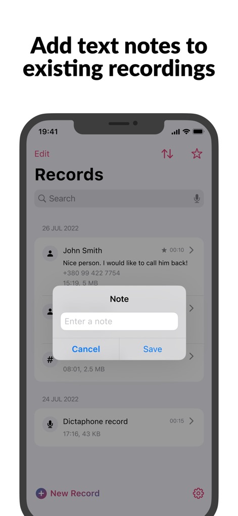 Call Recorder - Cube ACR - Users can enrich their recordings by adding descriptive "Note" text to existing entries, directly from the "Records" list.