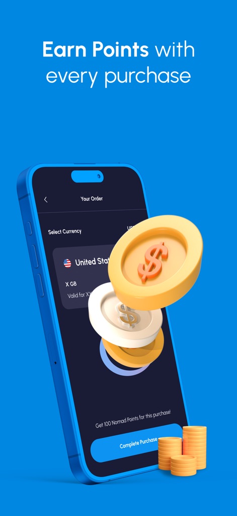 Nomad eSIM: Prepaid Data Plan - La herramienta premia a sus usuarios, indicando la cantidad de puntos Nomad Points que se obtienen con cada compra, y presentando una selección de moneda para mayor conveniencia.