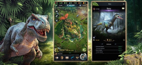 Beast Lord: The New Land - Delve into the Megabeast System with a detailed creature screen for 'Bary' (Baryonyx), revealing specific combat attributes and overall strategic power on a vast territory map.