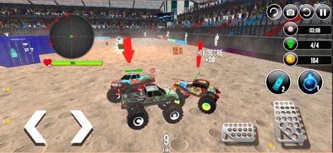 Moon Monster Truck: Car games - This image reveals competitive gameplay with multiple monster trucks engaged in a chaotic brawl, featuring clear on-screen score and health indicators for tracking progress.