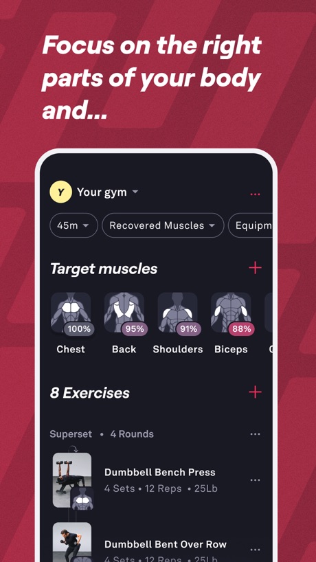 Fitbod: Gym & Fitness Planner App Store screenshot 5, headline “Focus on the right parts of your body and...”. Headline over eight words.