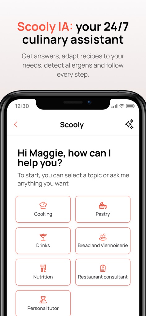 Scoolinary: Cook Online - Engage with the intelligent Scooly AI assistant, offering personalized greetings and topic-based queries for instant culinary guidance and adaptable recipes.