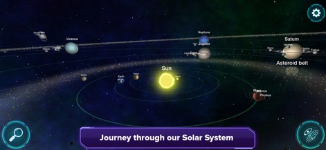 Stars and Planets - Astronomy - Les utilisateurs peuvent naviguer à travers une représentation interactive du système solaire, visualisant les orbites des planètes et la ceinture d'astéroïdes.