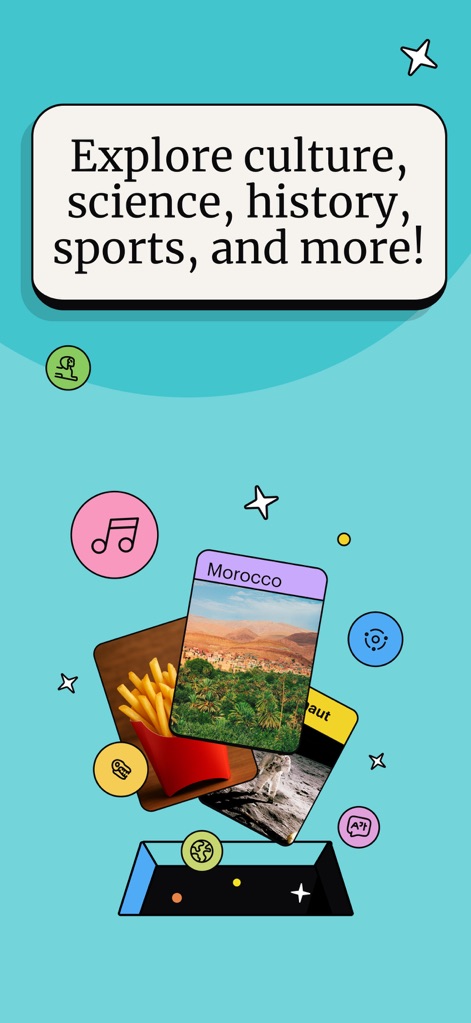 Spark: Daily Learning Puzzles - Observe how the app encourages broad topic exploration through distinct subject matter icons and dynamically presented content cards, including locations like "Morocco" and pop culture references.