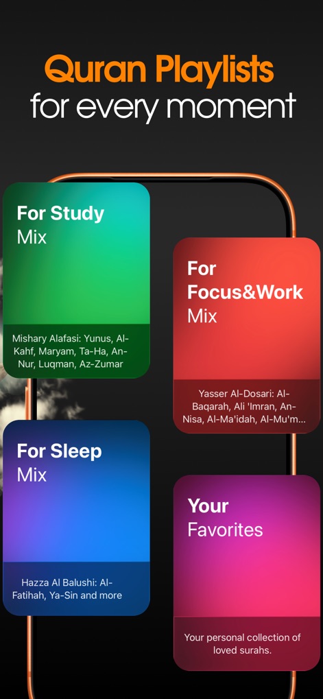 Quranify: Quran Audio Player - The app effectively categorizes listening experiences with "purpose-driven playlists" like 'For Study Mix' and 'For Focus&Work Mix', complemented by a "personalized 'Your Favorites' section" for cherished recitations.