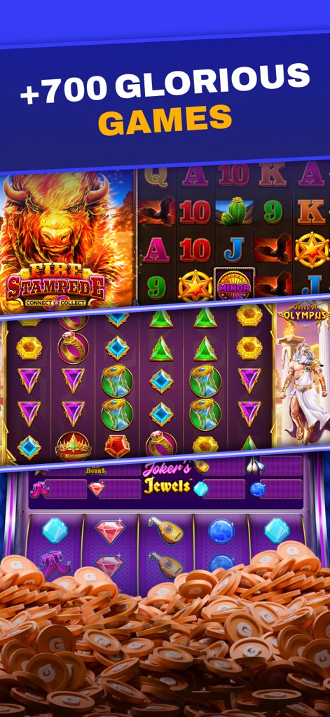 RealPrize Casino - Explore the extensive collection of over '700 glorious games', showcasing a diverse range of slot themes from 'Fire Stampede' to 'Joker's Jewels'.