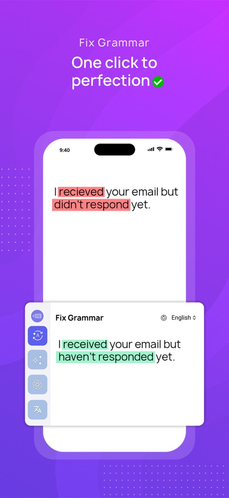CleverType - AI Keyboard - Witness the app's smart grammar correction in action, showcasing red highlights for errors and green highlights for instant, precise fixes.