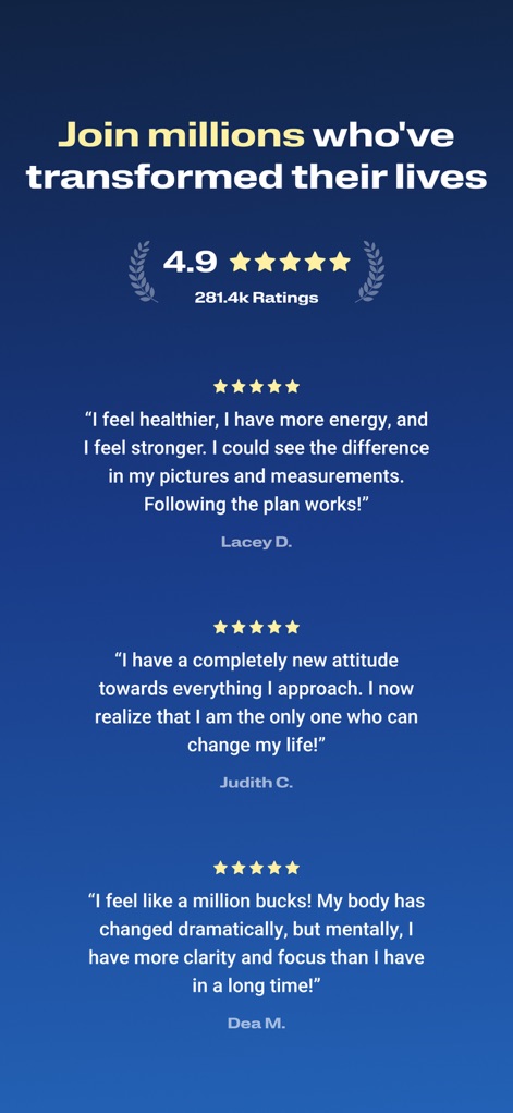 BODi by Beachbody Home Fitness - La plataforma refuerza su credibilidad con una calificación de 4.9 estrellas y testimonios positivos de usuarios como Lacey D. y Judith C., destacando la satisfacción general.