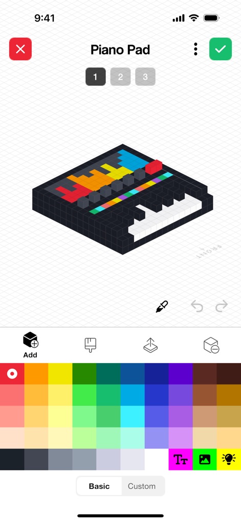 Rooms - This detailed object editor provides a block editor grid for precise construction and an extensive color palette, enabling pixel-perfect design of custom items like a 'Piano Pad'.