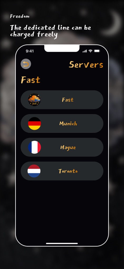 VPN - Plane VPN Fly - Browse the comprehensive "Servers" list, featuring various geographic options like Munich and Toronto, along with their distinct flag icons for easy identification.