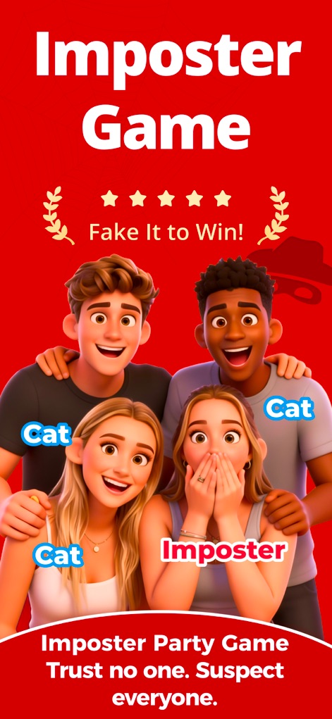 Imposter Game: Spark PartyPass - Users can see the game's vibrant cartoon character art style and the clear "Imposter" and "Cat" labels indicating player roles.
