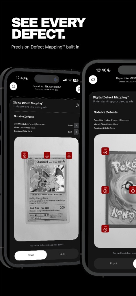 Digital Grading Co - The app highlights specific card imperfections with red circular markers and allows users to meticulously examine both the "Front" and "Back" views of their card for comprehensive defect mapping.