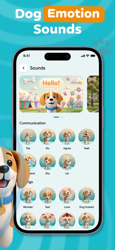 Dog Translator, Games for Dogs - Esta sección presenta la amplia biblioteca de emociones caninas en formato de cuadrícula, donde cada emoción es representada por un ícono distintivo con un perro de dibujos animados, ofreciendo a los usuarios una forma visual de explorar y entender el estado de ánimo de su mascota.