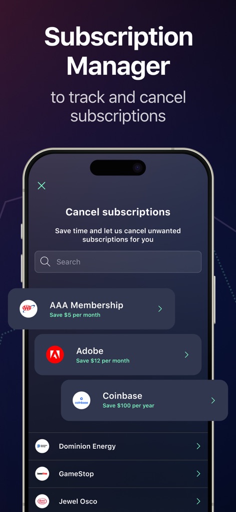 PocketGuard – Budgeting App - The 'Cancel subscriptions' feature allows users to easily identify and manage recurring services such as 'AAA Membership' and 'Adobe', helping to cut unnecessary costs.