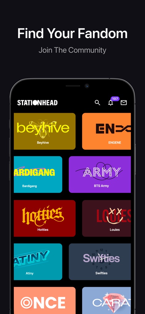 Stationhead - Explore a diverse grid of fan communities like 'ARMY' and 'Swifties' and easily navigate with the search and notification icons.