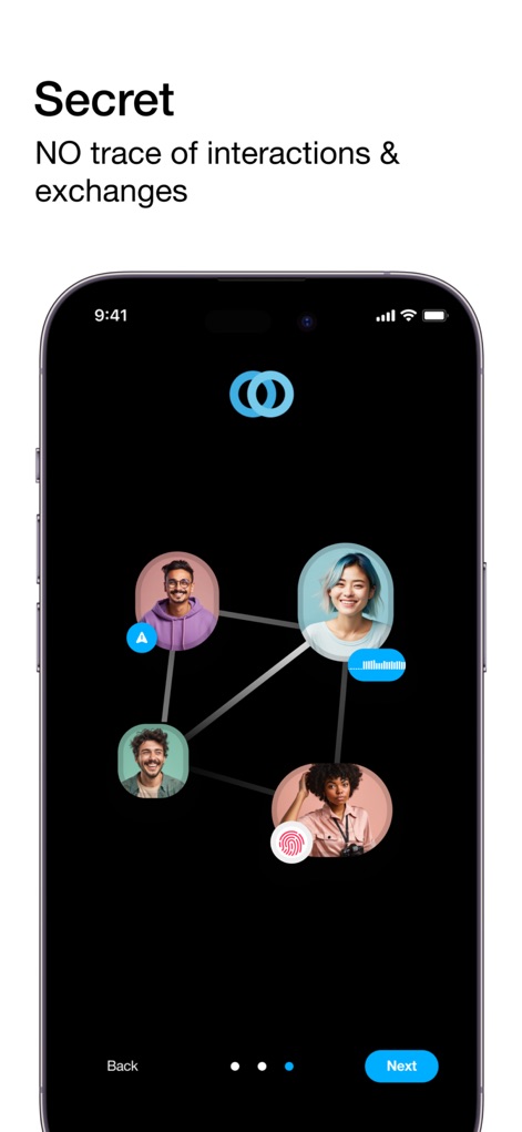 twinme private messenger - twinme visualiza una "red interconectada de avatares" que representa las interacciones privadas, con una "barra de navegación" inferior que indica el progreso a través de las funciones de privacidad.