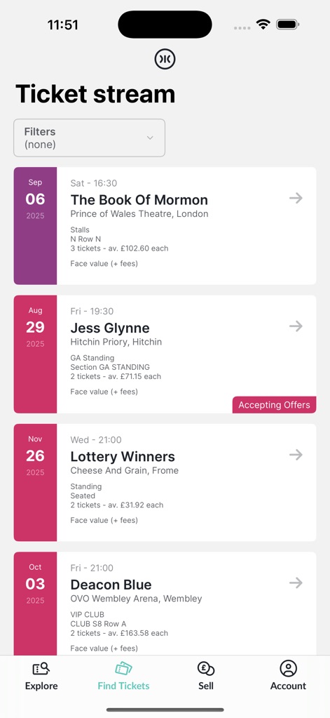 Twickets - La schermata 'Ticket Stream' organizza efficacemente i biglietti disponibili, evidenziando dettagli essenziali come la data 'Sep 06 2025' per 'The Book of Mormon' e l'indicazione 'Accepting Offers' per alcune inserzioni.