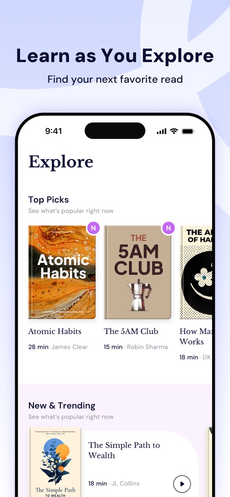 GrowMe: Micro Learning Daily - The 'Explore' interface allows users to easily find new content through 'Top Picks' and 'New & Trending' sections, showcasing diverse book covers and their respective learning durations.