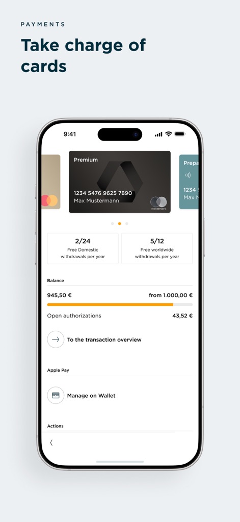 Commerzbank Banking - Die App bietet eine Übersicht über die „Premium“ Bankkarte, zeigt verbleibende „Free Domestic withdrawals“ an und ermöglicht die Verwaltung von Karten für „Apple Pay“.
