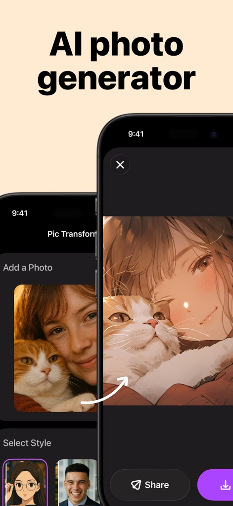 AI Photo Generator: ImgAI - Experience the seamless workflow of the "AI photo generator," where users can quickly transform personal photos into new artistic renditions, like turning a photo with a cat into an anime masterpiece.