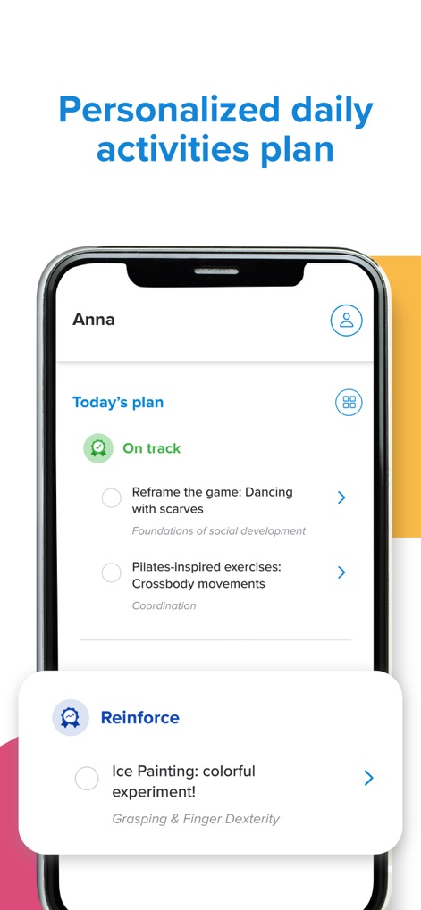 Kinedu: Baby Development - Users can explore a tailored "Today's plan" showing activities with developmental areas, such as "Foundations of social development" and "Coordination".
