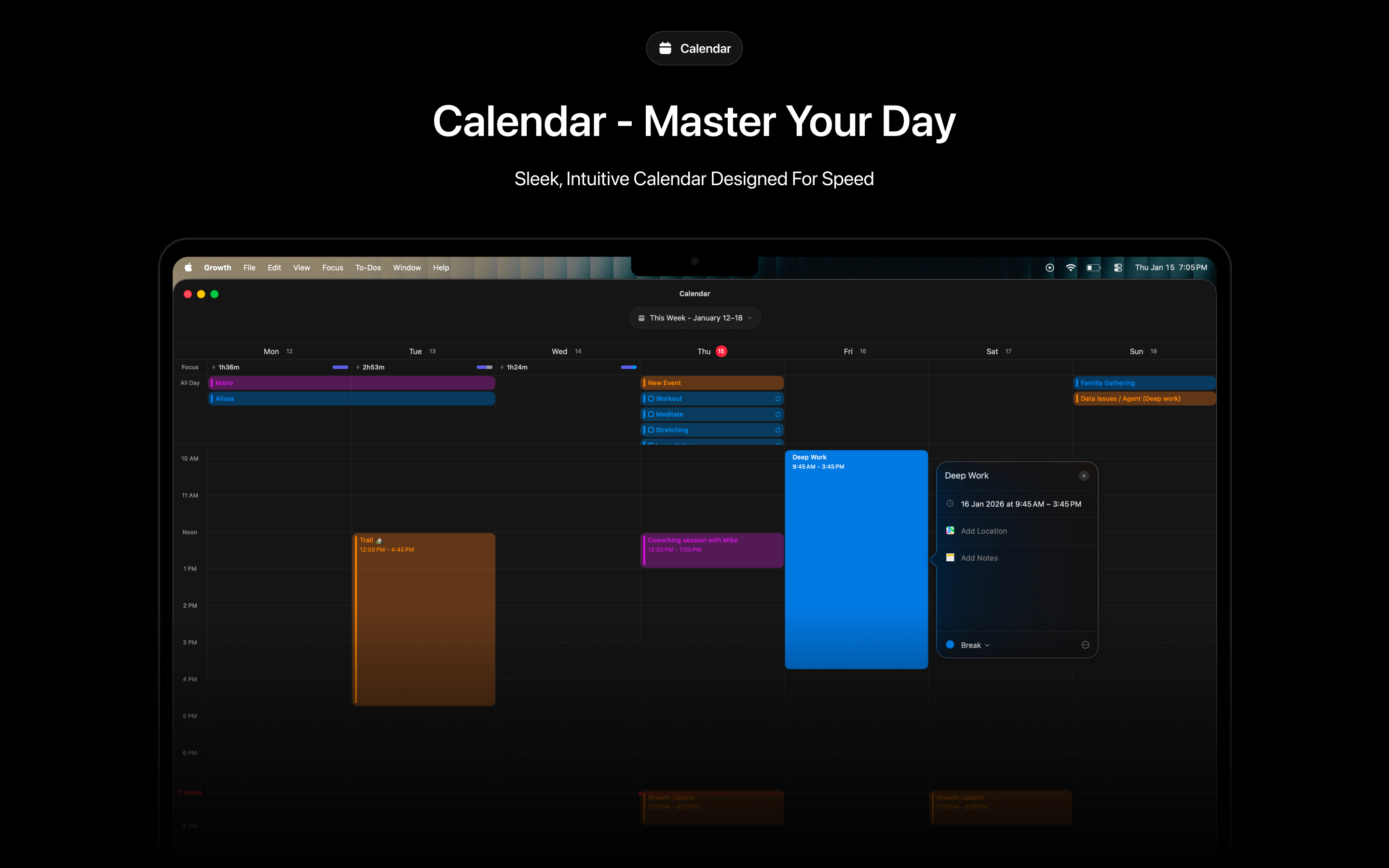 Growth To-Dos, Calendar, Focus