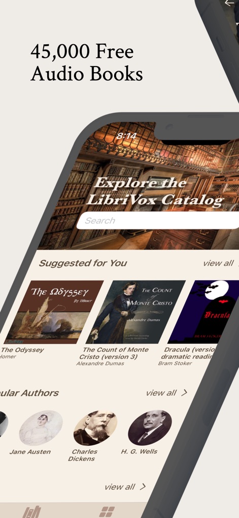 LibriVox Audiobooks - L'app offre un vasto catalogo di oltre 45.000 audiolibri gratuiti, con sezioni dedicate ai "Suggested for You" (X) e agli "Popular Authors" (Y) per una navigazione intuitiva.